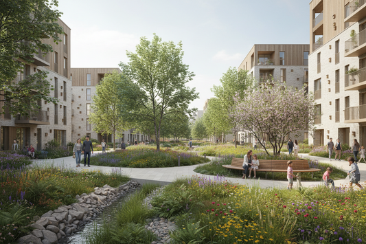 Wildlife led design in a modern UK housing development with green infrastructure and visible habitat features